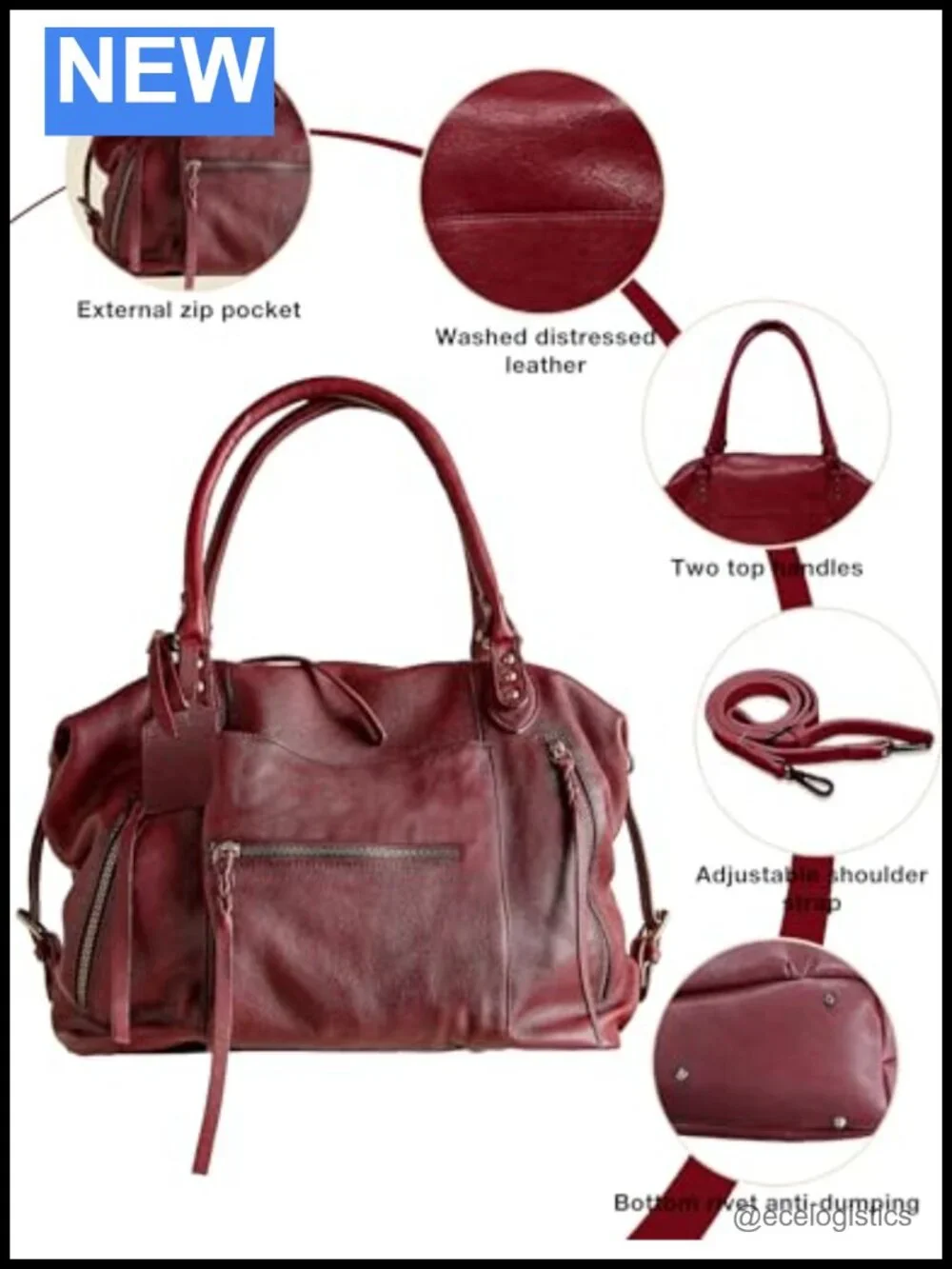 Vegan Leather Large Tote Bag with Zipper, Adjustable Strap, Fits 13